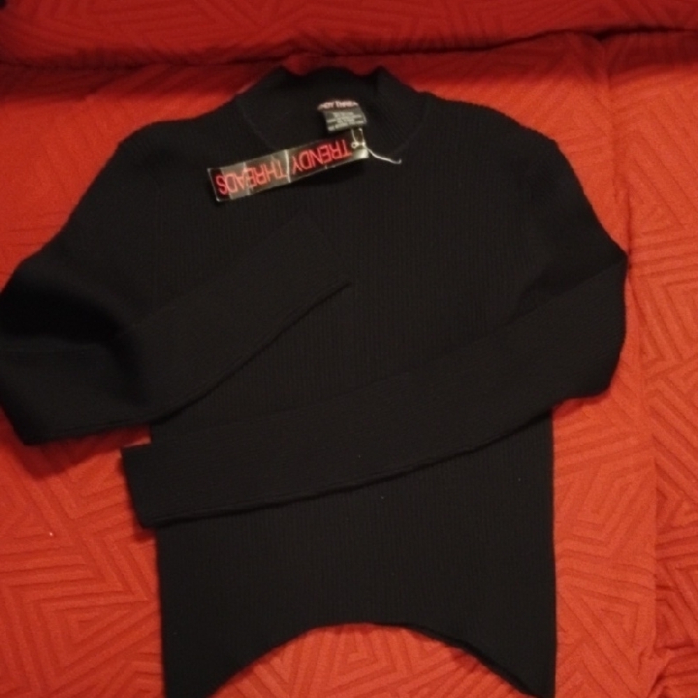 Black Ribbed Mock Neck light Sweater Top - Picture 2 of 7